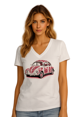 Haut Col V à Voiture Rétro Fleurie Blanc à Motif Taupe ou Berry Orly 262125 — Pour la femme qui aime la fantaisie, parce que son dessin raconte une escapade, en sortie sous un veston ou le weekend avec un jean