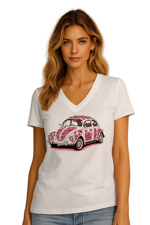 Haut Col V à Voiture Rétro Fleurie Blanc à Motif Taupe ou Berry Orly 262125 — Pour la femme qui aime la fantaisie, parce que son dessin raconte une escapade, en sortie sous un veston ou le weekend avec un jean