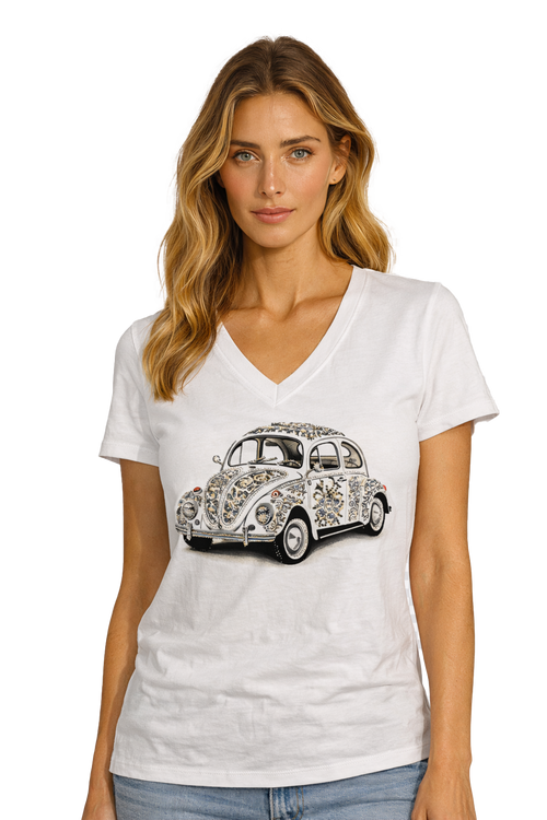 Haut Col V à Voiture Rétro Fleurie Blanc à Motif Taupe ou Berry Orly 262125 — Pour la femme qui aime la fantaisie, parce que son dessin raconte une escapade, en sortie sous un veston ou le weekend avec un jean