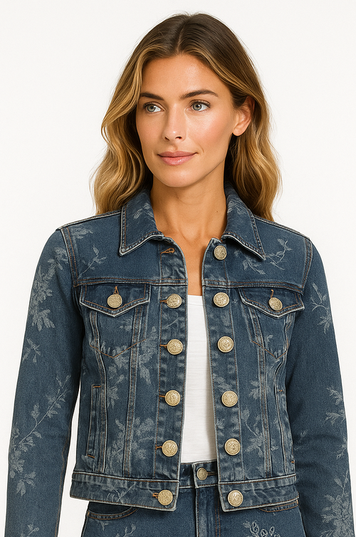 Veste en Denim à Imprimé Fleuri et Boutons Dorés Bleue Orly 262140 — Pour la femme qui aime revisiter les classiques, parce que les fleurs personnalisent le jean, en sortie sur une jupe ou le weekend avec un pantalon beige
