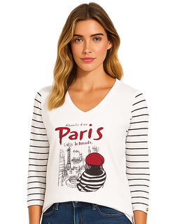 Chandail Col V à Motif Paris et Manches Rayées Blanc, Noir et Rouge Orly 262153 — Pour la femme qui aime les clins d’œil parisiens, parce que son dessin personnalise la tenue, en sortie sous un veston ou le weekend avec un jean