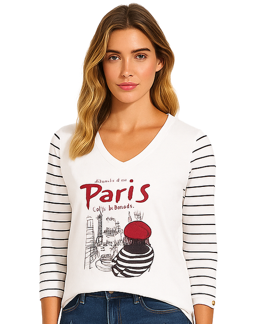 Chandail Col V à Motif Paris et Manches Rayées Blanc, Noir et Rouge Orly 262153 — Pour la femme qui aime les clins d’œil parisiens, parce que son dessin personnalise la tenue, en sortie sous un veston ou le weekend avec un jean