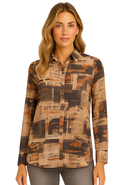 Chemise Boutonnée à Manches Longues et Imprimé Graphique Beige et Brun Orly 262231 — Pour la femme au style singulier, parce que son collage réchauffe la tenue, au bureau avec un pantalon crème ou le weekend sur un jean