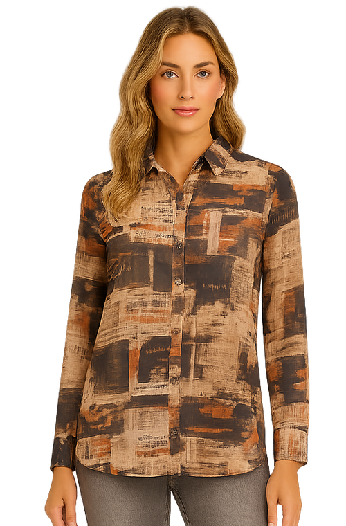 Chemise Boutonnée à Manches Longues et Imprimé Graphique Beige et Brun Orly 262231 — Pour la femme au style singulier, parce que son collage réchauffe la tenue, au bureau avec un pantalon crème ou le weekend sur un jean