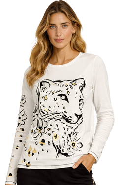 Chandail Col Rond à Manches Longues et Motif Félin Fleuri Blanc Cassé Orly 262236 — Pour la femme au style audacieux, parce que son dessin donne du caractère, au quotidien avec un jean ou en sortie sur une jupe noire