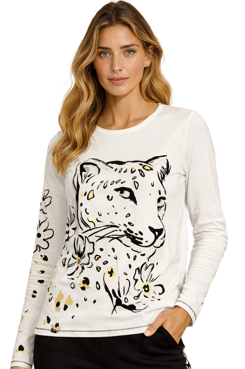 Chandail Col Rond à Manches Longues et Motif Félin Fleuri Blanc Cassé Orly 262236 — Pour la femme au style audacieux, parce que son dessin donne du caractère, au quotidien avec un jean ou en sortie sur une jupe noire