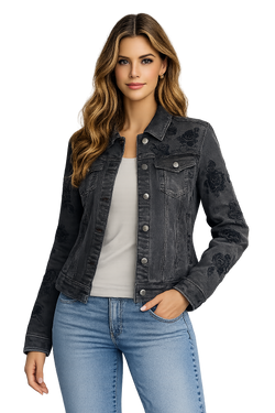 Veste Boutonnée à Motifs Floraux Noirs Gris Foncé Orly 262299 — Pour la femme qui aime les détails subtils, parce que ses fleurs donnent du caractère, en ville avec un pantalon off white ou en sortie sur une tenue noire