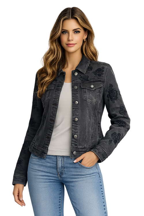 Veste Boutonnée à Motifs Floraux Noirs Gris Foncé Orly 262299 — Pour la femme qui aime les détails subtils, parce que ses fleurs donnent du caractère, en ville avec un pantalon off white ou en sortie sur une tenue noire