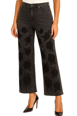 Pantalon Droit Ample à Motifs Floraux Noirs Gris Foncé Orly 262302 — Pour la femme au style distinctif, parce que ses fleurs animent la silhouette, en ville avec une blouse crème ou en sortie avec un haut noir