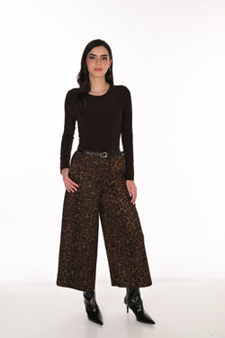 Pantalon Culottes Jacquard Imprimé Léopard Brun Kaki & Noir Taille Haute Ceinture Cuir Frank Lyman – Jambes Ultra-Larges 7/8 | SKU 263188 | Statement animal chic | Cocktails, Soirées & Quotidien audacieux