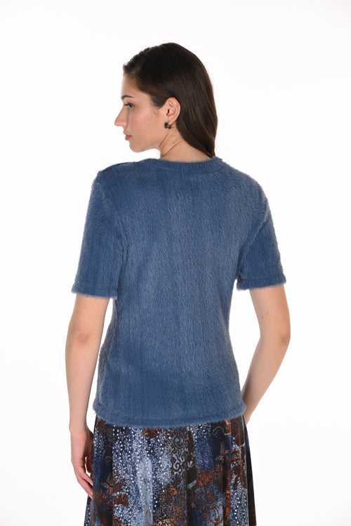Chandail Tricot Duveteux Bleu Ardoise Boutons Bijoux Frank Lyman 263322 — La douceur qui brille, le bleu qui enveloppe, les détails qui éblouissent