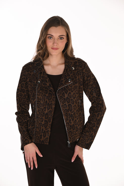 Veste moto biker Frank Lyman 263702 — L’audace incarnée pour la femme qui dicte les tendances, du quotidien chic au soirée urbaine, en Léopard Noir & Brun