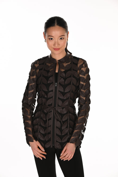 Veste appliqués feuilles Frank Lyman 263739 — Une sculpture à porter pour la femme qui transforme chaque sortie en moment d’art, du cocktail au gala, en Mocha & Noir