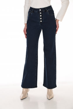 Jean Wide-Leg Taille Haute Denim Stretch Boutons Floraux Strass Frank Lyman – Coupe Flare Gainante | SKU 263752 | Midnight & Blue | Le jean statement de la saison