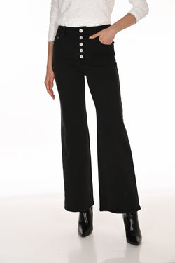 Jean Wide-Leg Taille Haute Denim Stretch Boutons Floraux Strass Frank Lyman – Coupe Flare Gainante | SKU 263752 | Midnight & Blue | Le jean statement de la saison