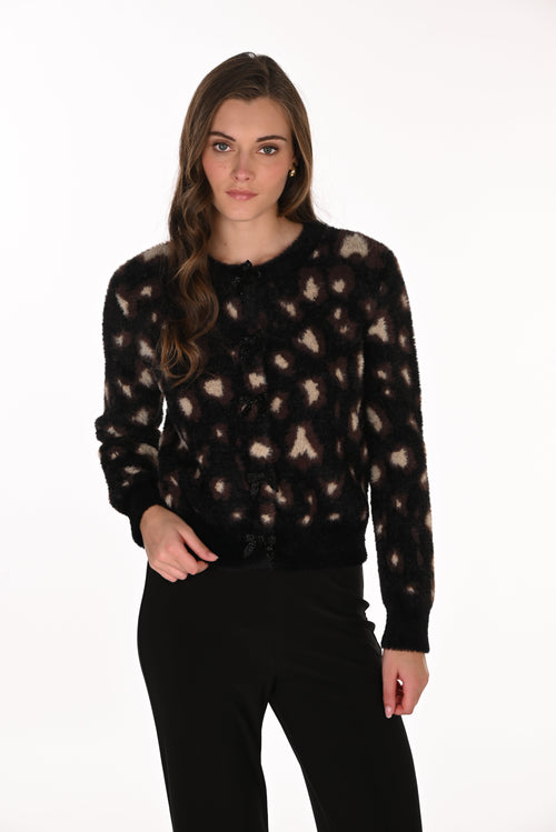 Cardigan maille eyelash imprimé léopard boutons strass Frank Lyman 263756 - vue de face