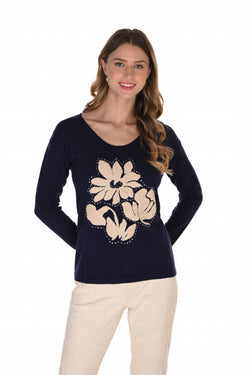 Chandail tricot floral Frank Lyman 263781 — La poésie botanique portée sur soi pour la femme qui transforme le quotidien en moment de beauté, du bureau au soirée, en Midnight & Beige
