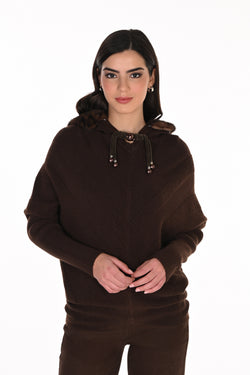 Hoodie moka à capuche bordure fausse fourrure léopard Frank Lyman 263785 — pour la femme chic et raffinée qui veut rester élégante en toute détente, à porter avec son pantalon moka coordonné ou sur un jean slim