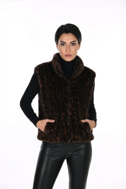 Veste Sans Manches Réversible Cuir Vegan Noir & Fausse Fourrure Léopard Brun Chocolat Frank Lyman – 2-en-1 Luxe | SKU 263807 | La veste statement de la saison | Soirées, Cocktails & Quotidien glamour