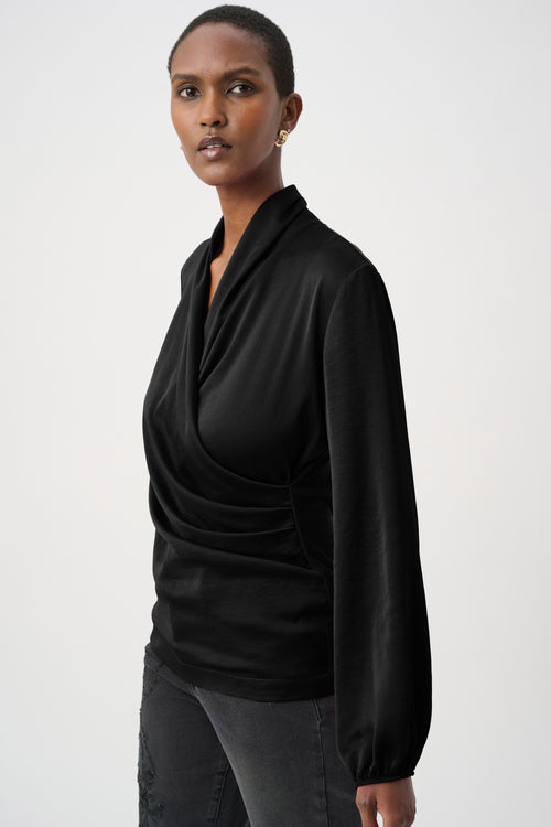 Haut Cache-Cœur Bi-Matière Drapé Joseph Ribkoff – Vert Opulent | SKU 264026 | Pour la femme qui allie féminité et élégance naturelle | Bureau luxe, Cocktails & Soirées | Manches mousseline bouffantes & jersey satiné cache-cœur