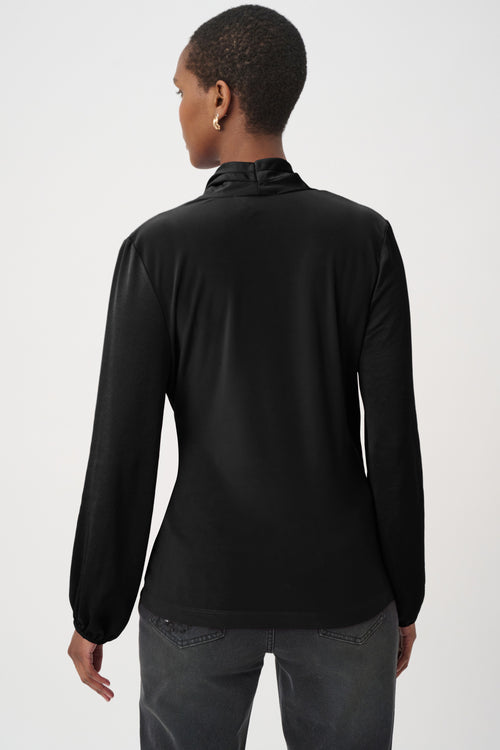 Haut Cache-Cœur Bi-Matière Drapé Joseph Ribkoff – Vert Opulent | SKU 264026 | Pour la femme qui allie féminité et élégance naturelle | Bureau luxe, Cocktails & Soirées | Manches mousseline bouffantes & jersey satiné cache-cœur
