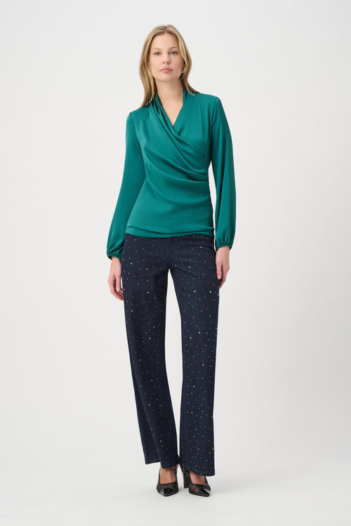 Haut Cache-Cœur Bi-Matière Drapé Joseph Ribkoff – Vert Opulent | SKU 264026 | Pour la femme qui allie féminité et élégance naturelle | Bureau luxe, Cocktails & Soirées | Manches mousseline bouffantes & jersey satiné cache-cœur