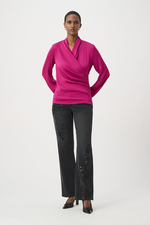 Haut Cache-Cœur Bi-Matière Drapé Joseph Ribkoff – Vert Opulent | SKU 264026 | Pour la femme qui allie féminité et élégance naturelle | Bureau luxe, Cocktails & Soirées | Manches mousseline bouffantes & jersey satiné cache-cœur