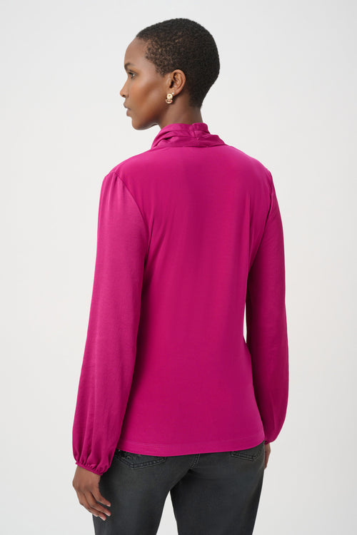 Haut Cache-Cœur Bi-Matière Drapé Joseph Ribkoff – Vert Opulent | SKU 264026 | Pour la femme qui allie féminité et élégance naturelle | Bureau luxe, Cocktails & Soirées | Manches mousseline bouffantes & jersey satiné cache-cœur