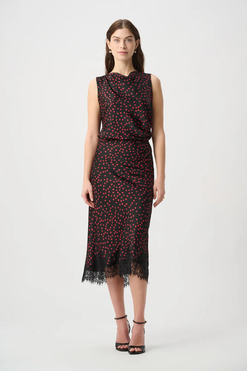 Jupe Midi Satin Pois Cerise & Dentelle Joseph Ribkoff – Noir | SKU 264118 | Glamour & Polyvalente | Soirées & Bureau chic