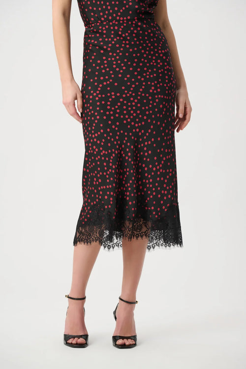 Jupe Midi Satin Pois Cerise & Dentelle Joseph Ribkoff – Noir | SKU 264118 | Glamour & Polyvalente | Soirées & Bureau chic
