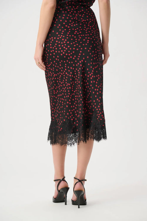 Jupe Midi Satin Pois Cerise & Dentelle Joseph Ribkoff – Noir | SKU 264118 | Glamour & Polyvalente | Soirées & Bureau chic