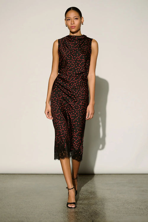 Jupe Midi Satin Pois Cerise & Dentelle Joseph Ribkoff – Noir | SKU 264118 | Glamour & Polyvalente | Soirées & Bureau chic
