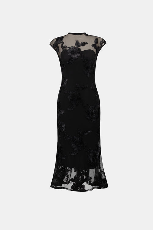 Robe midi à fleurs en relief et encolure illusion noire Joseph Ribkoff 264143 — Pour la femme qui aime le raffinement, parce que ses détails captent la lumière, lors d’une réception avec des talons et une pochette