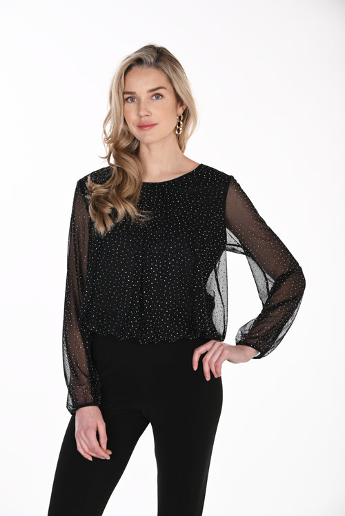 Haut à Points Scintillants et Manches Transparentes Noir Frank Lyman 264278 — Pour la femme au glamour subtil, parce que ses reflets animent la silhouette, en soirée avec une jupe droite ou au dîner avec un pantalon ivoire