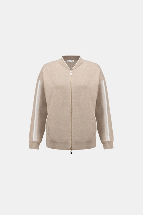 Veste Bomber Tricot Zip Joseph Ribkoff – Fawn & Winter White | SKU 264616 | Pour la femme qui voyage avec style | Week-end, Bureau décontracté & Sorties | Se porte seule ou en ensemble coordonné avec le pantalon 264613