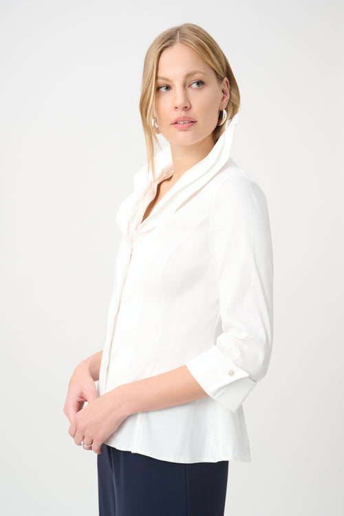Blouse vanille Joseph Ribkoff 264719, grand col châle drapé, coupe ajustée peplum, manches 3/4 retroussées. Parfaite bureau ou soirée.