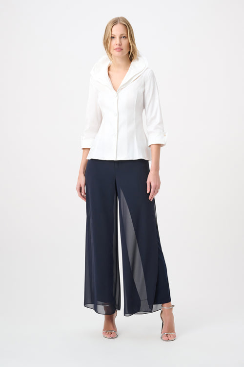 Blouse vanille Joseph Ribkoff 264719, grand col châle drapé, coupe ajustée peplum, manches 3/4 retroussées. Parfaite bureau ou soirée.
