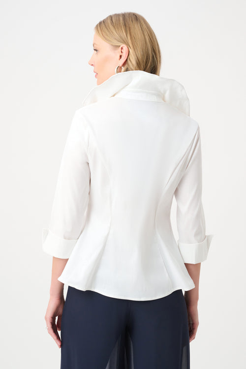 Blouse vanille Joseph Ribkoff 264719, grand col châle drapé, coupe ajustée peplum, manches 3/4 retroussées. Parfaite bureau ou soirée.
