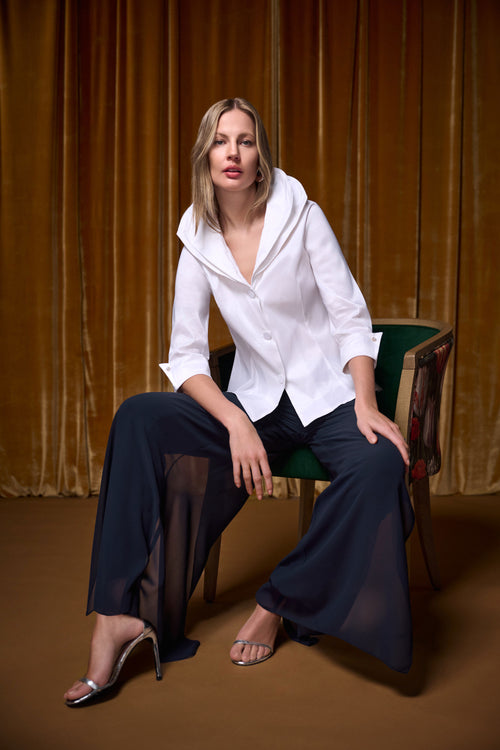 Blouse vanille Joseph Ribkoff 264719, grand col châle drapé, coupe ajustée peplum, manches 3/4 retroussées. Parfaite bureau ou soirée.