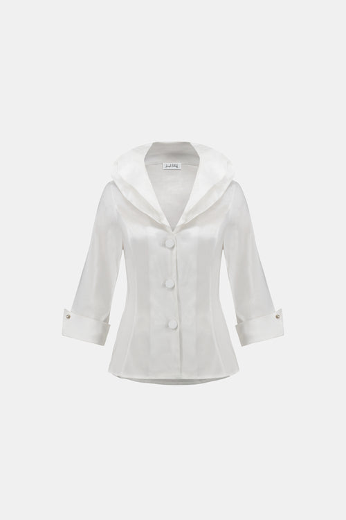 Blouse vanille Joseph Ribkoff 264719, grand col châle drapé, coupe ajustée peplum, manches 3/4 retroussées. Parfaite bureau ou soirée.