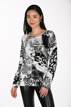 Haut à Imprimé Animalier et Motif Illustré Noir et Blanc Frank Lyman 264836 — Pour la femme au style expressif, parce que son graphisme donne du caractère, en ville avec un jean foncé ou en soirée sur un pantalon noir