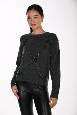 Pull Tricot Doux Gris Anthracite Brodé Sequins Noirs Argyle Frank Lyman – Manches Longues Bouffantes | SKU 264871 | Le pull glamour de la saison | Cocktails, Soirées & Quotidien élégant