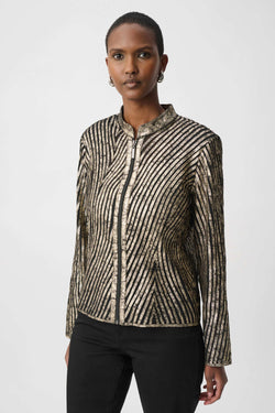 Veste zippée à rayures ondulées métallisées noir et champagne Joseph Ribkoff 264908 — Pour la femme au glamour affirmé, parce que ses reflets illuminent les unis, en soirée sur une tenue noire avec des talons