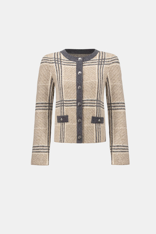 Veste en maille texturée à carreaux et boutons contrastants beige et gris Joseph Ribkoff 264909 — Pour la femme au chic discret, parce que ses détails dessinent l’allure, au bureau ou en sortie avec un pantalon ivoire