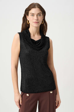 Haut sans manches Joseph Ribkoff 264929 en tricot lurex noir avec micro-strass scintillants et col bénitier drapé. Pour femme, idéal soirée cocktail ou bureau chic. Coupe ajustée, longueur hanche