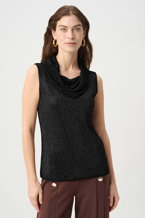 Haut sans manches Joseph Ribkoff 264929 en tricot lurex noir avec micro-strass scintillants et col bénitier drapé. Pour femme, idéal soirée cocktail ou bureau chic. Coupe ajustée, longueur hanche