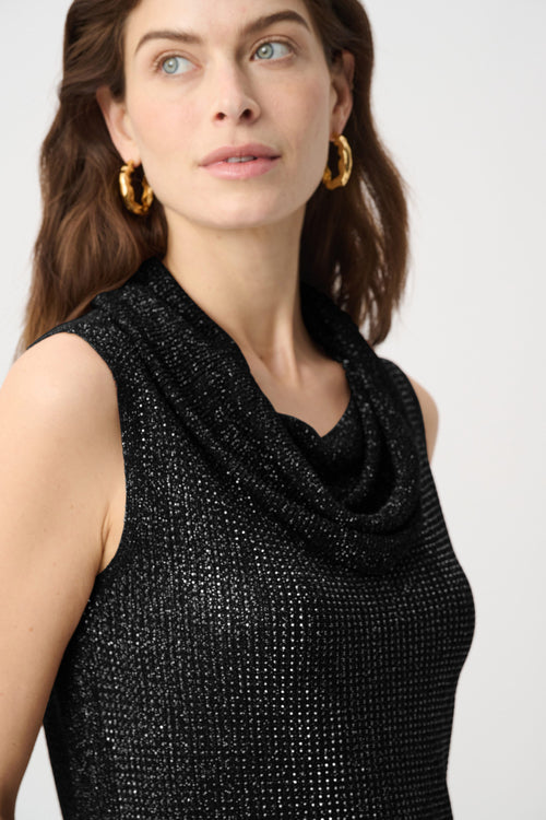 Haut sans manches Joseph Ribkoff 264929 en tricot lurex noir avec micro-strass scintillants et col bénitier drapé. Pour femme, idéal soirée cocktail ou bureau chic. Coupe ajustée, longueur hanche