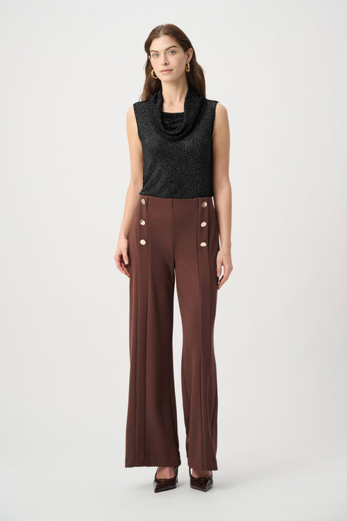 Haut sans manches Joseph Ribkoff 264929 en tricot lurex noir avec micro-strass scintillants et col bénitier drapé. Pour femme, idéal soirée cocktail ou bureau chic. Coupe ajustée, longueur hanche