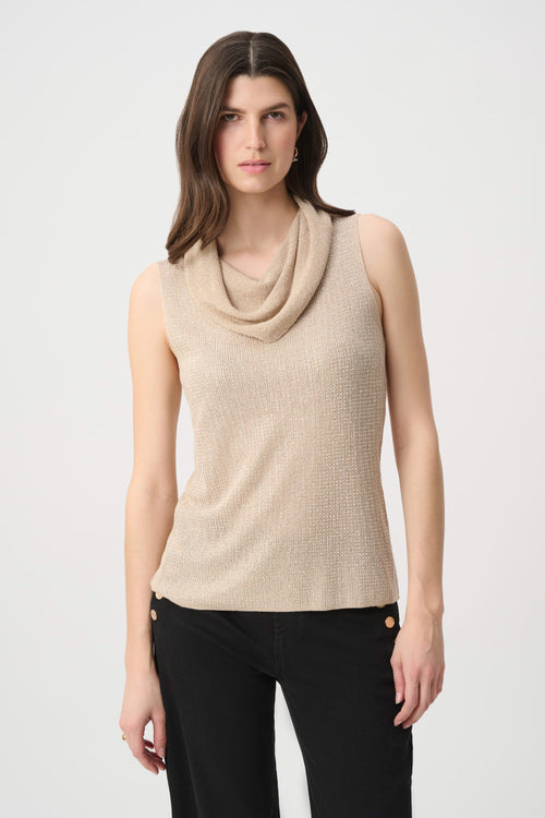 Haut sans manches Joseph Ribkoff 264929 en tricot lurex noir avec micro-strass scintillants et col bénitier drapé. Pour femme, idéal soirée cocktail ou bureau chic. Coupe ajustée, longueur hanche