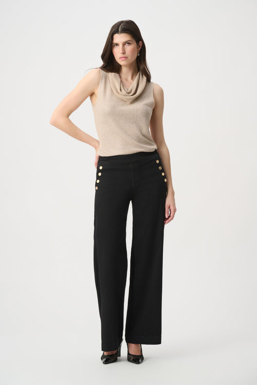 Haut sans manches Joseph Ribkoff 264929 en tricot lurex noir avec micro-strass scintillants et col bénitier drapé. Pour femme, idéal soirée cocktail ou bureau chic. Coupe ajustée, longueur hanche
